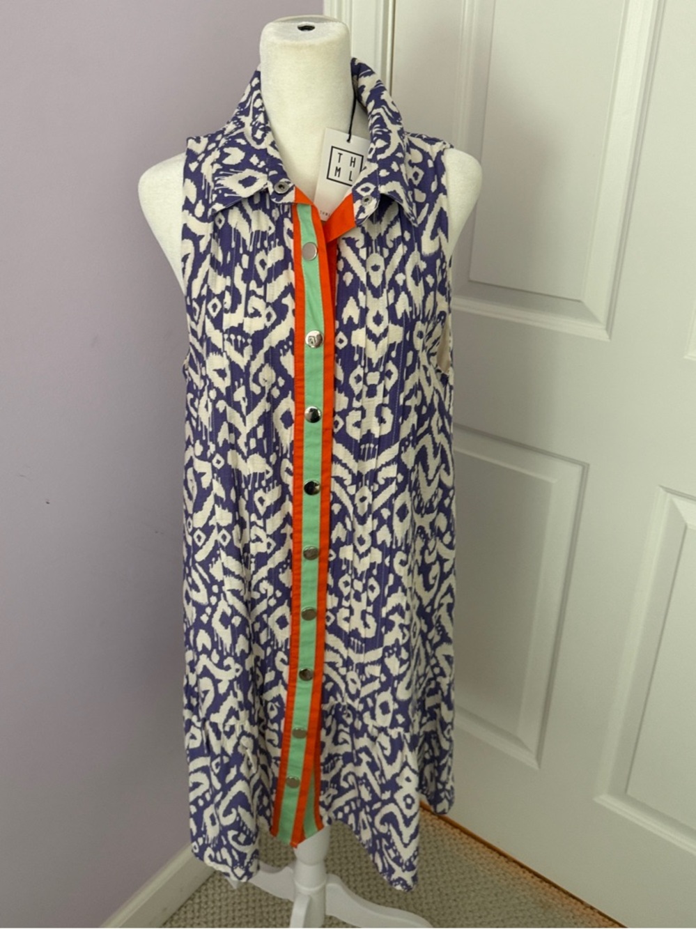 THML Purple and White Ikat Dress with Orange & Mint Trim